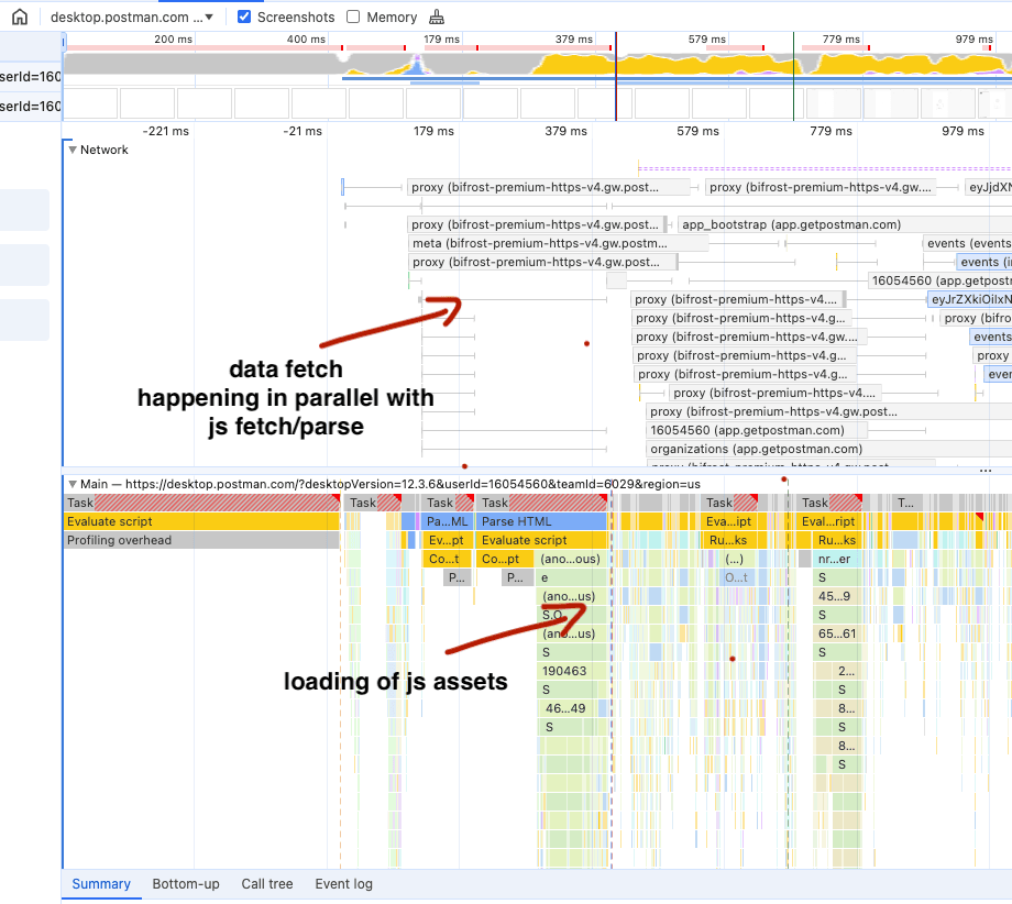 Performance trace showing network calls starting in parallel with JavaScript parsing